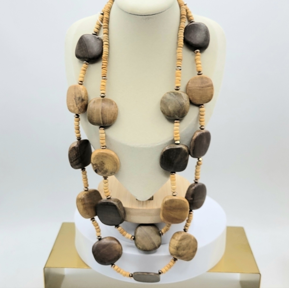 Double Strand Wooden Beaded Necklace • Chunky Pieces